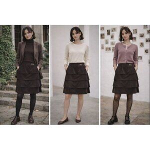 Perng Yuh Tiered Skirt Med – Brown Satin Lined, Academia, Quiet Luxury